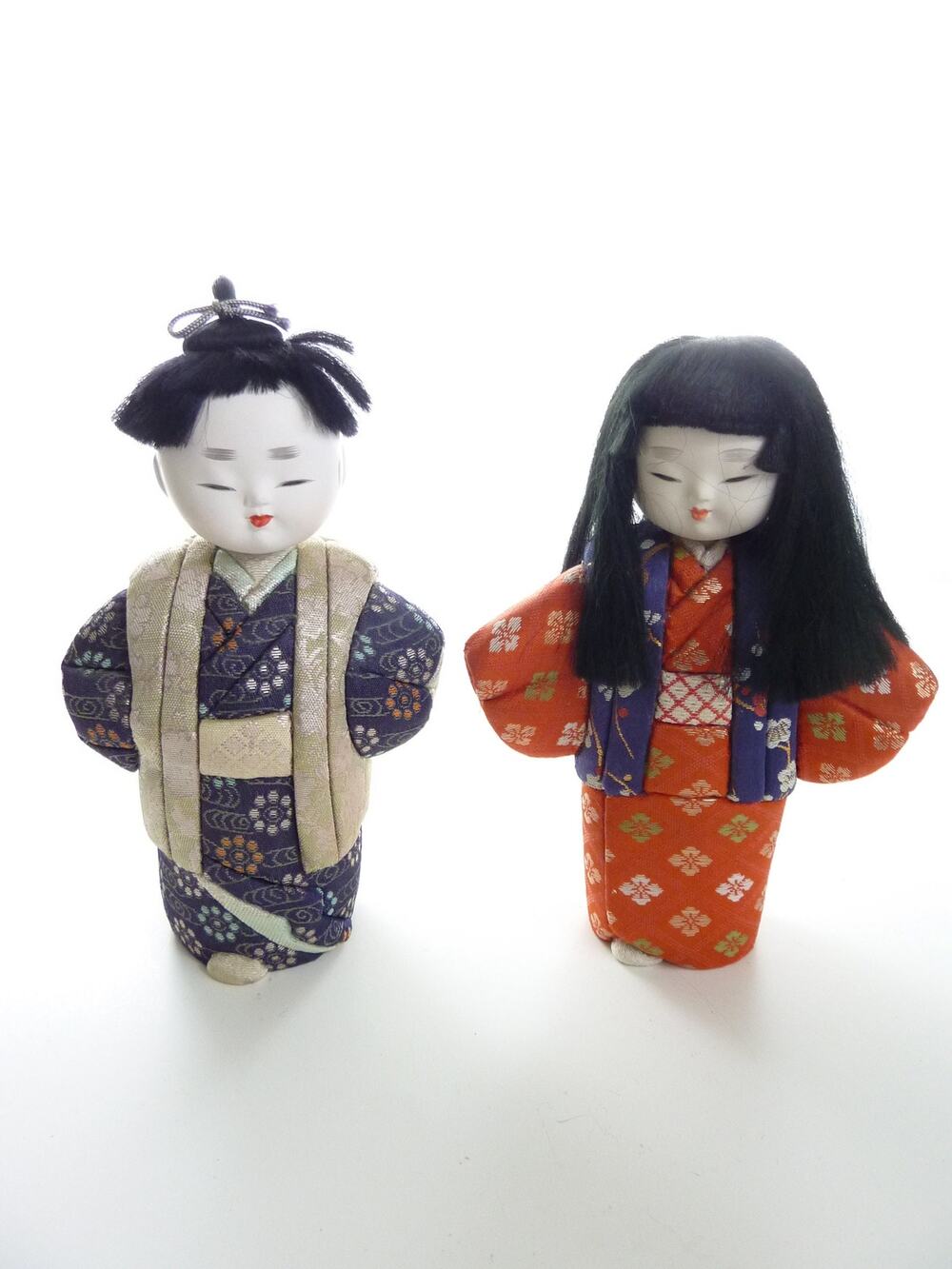 Vintage Japanese Fabric Ceramic Head Doll Set Boy Girl Kimono